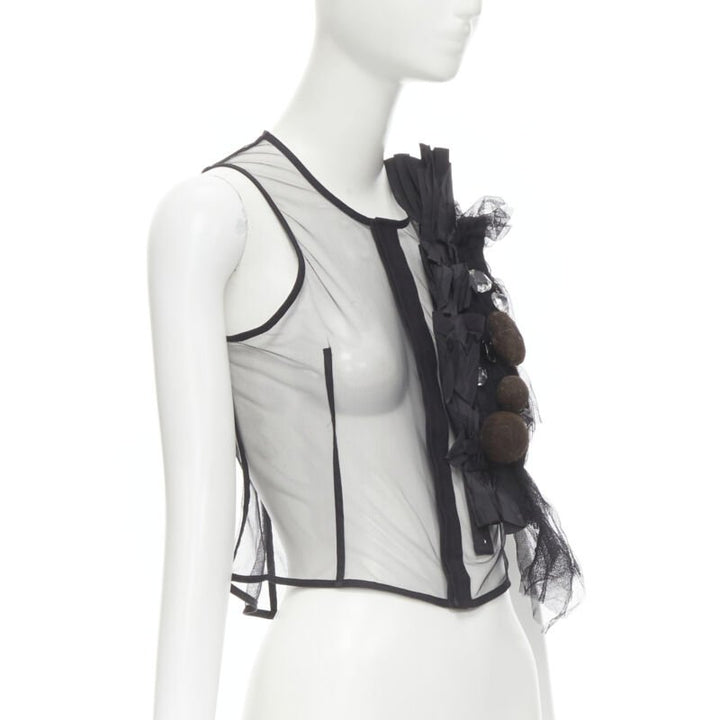 Runway COMME DES GARCONS 2004 black sheer mesh jewel embellishment ruffle vest S
