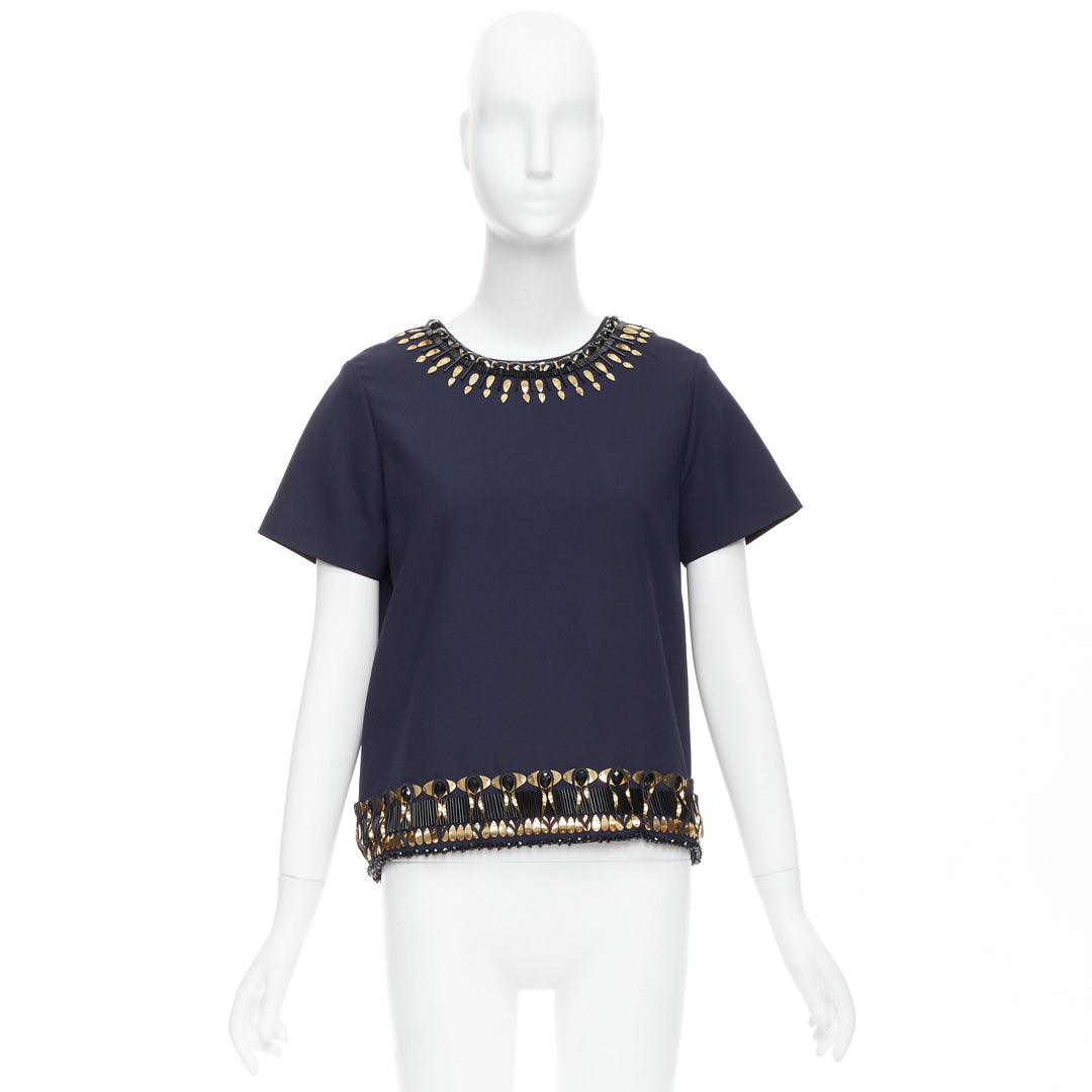MANISH ARORA gold navy hand crafted 3D embellished top IT38 M