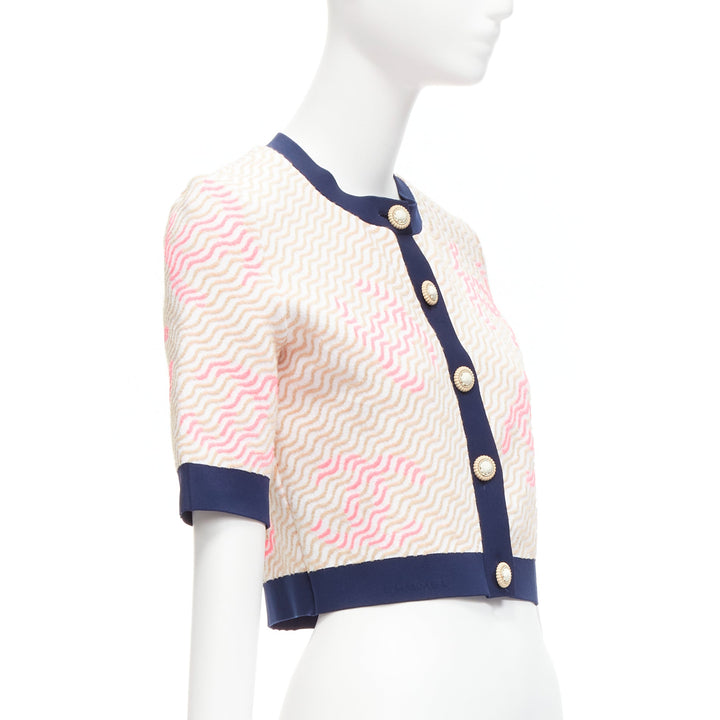 rare CHANEL pink applique logo twirl seashell button cropped cardigan FR38 M