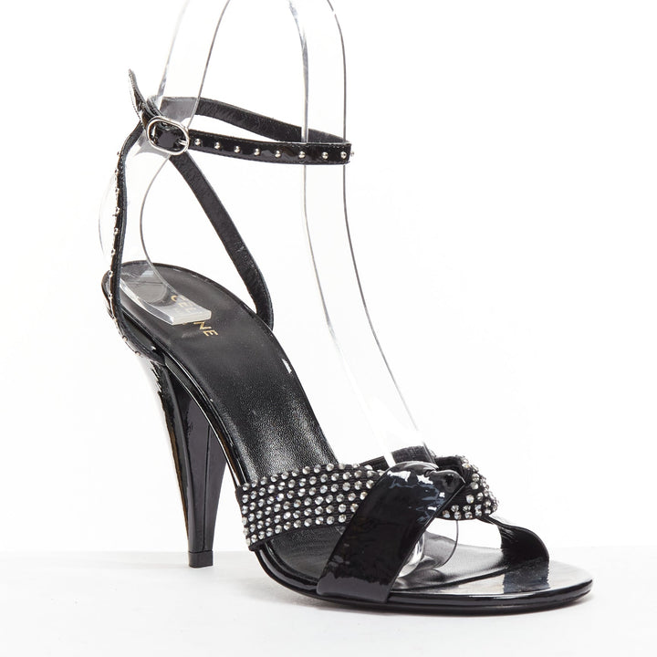 CELINE Hedi Slimane black patent leather silver crystals sandal heels EU38