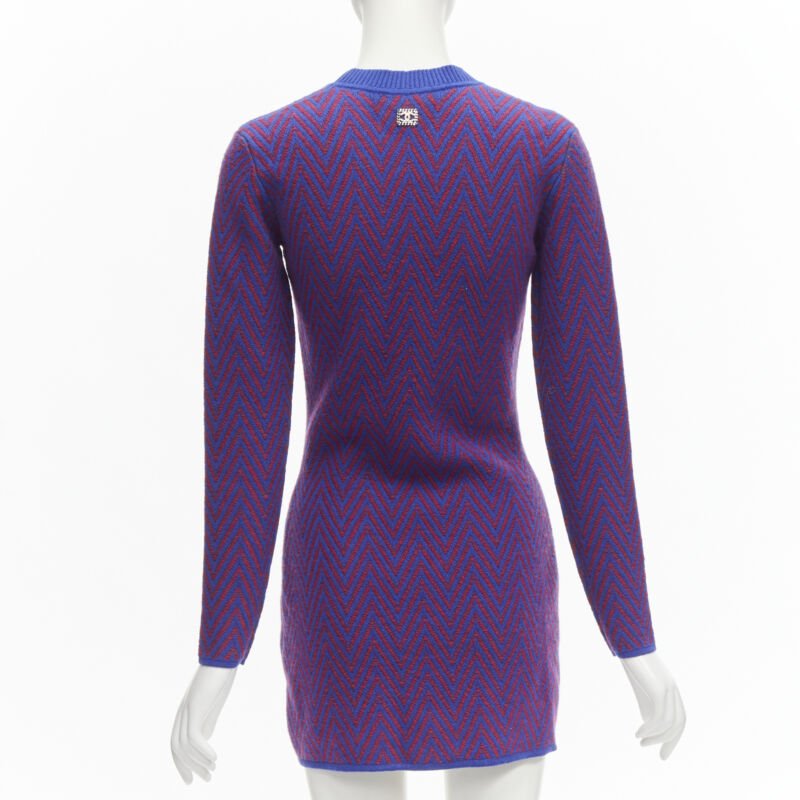 CHANEL 100% cashmere blue red chevron green CC logo crystal brooch dress FR34 XS