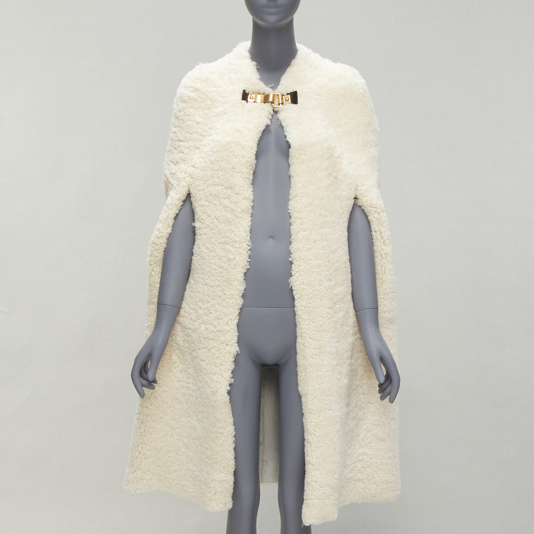 rare OLD CELINE Phoebe Philo 2010 Runway gold buckle cream shearling cape FR36