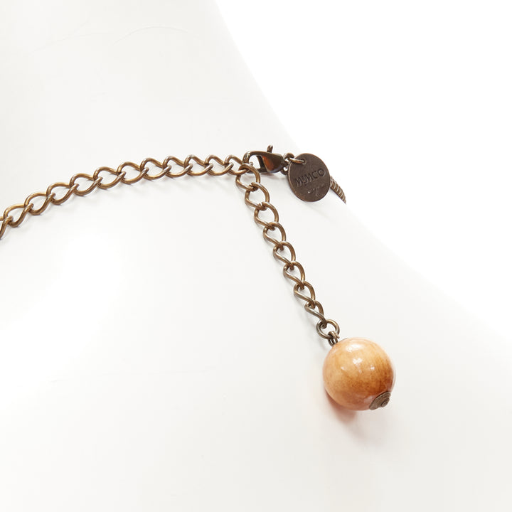 MIMCO brown acrylic wood giant crystal charm copper chain necklace