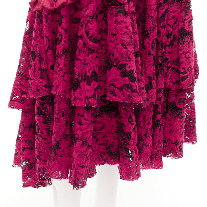 ROMANCE WAS BORN red cotton silk blend floral lace bias ruffle midi skirt AUS8 S