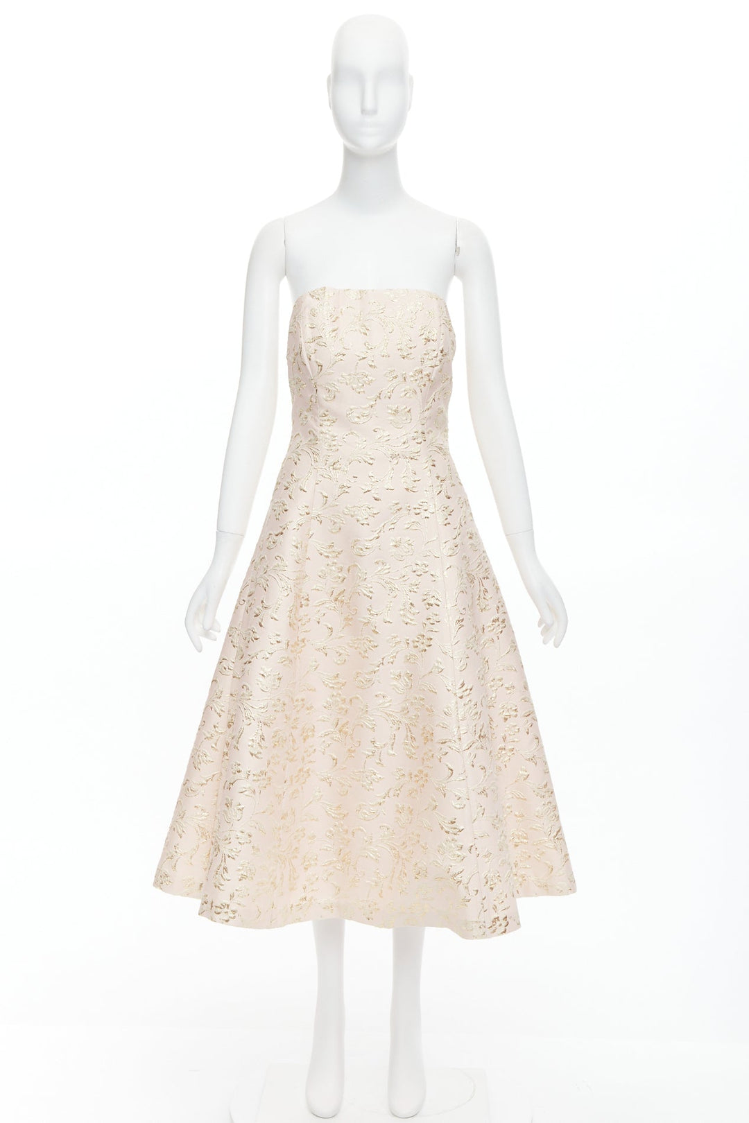 TED BAKER TUX Langley pink acetate blend gold jacquard strapless dress US2 S