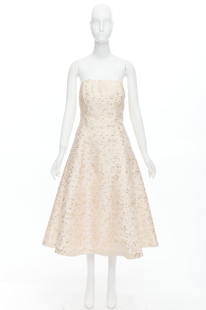 TED BAKER TUX Langley pink acetate blend gold jacquard strapless dress US2 S
