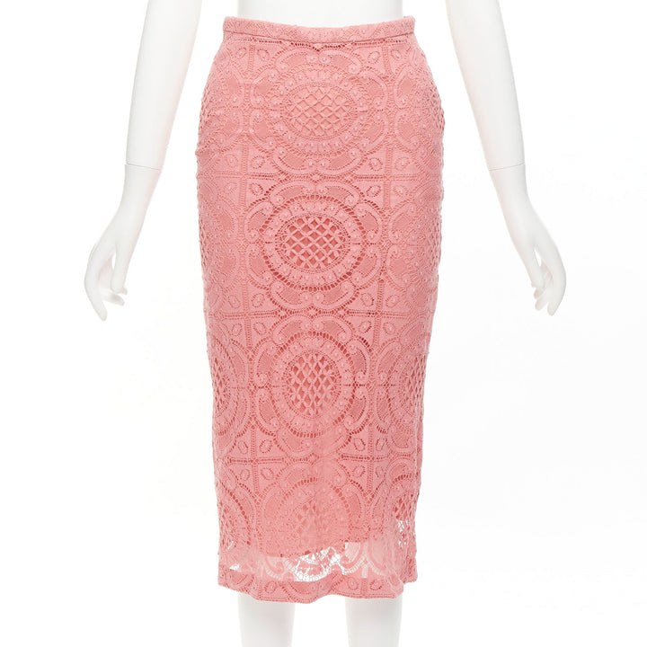 BURBERRY Runway pink cotton blend floral lace high waisted pencil skirt IT36 XXS