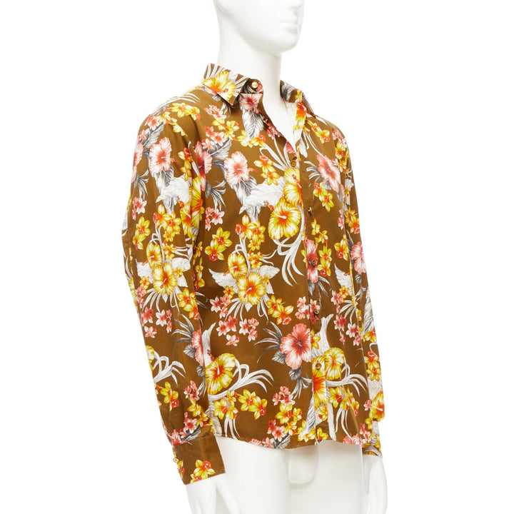 FAUSTO PUGLISI yellow tropical floral print cotton gold button shirt EU48 M