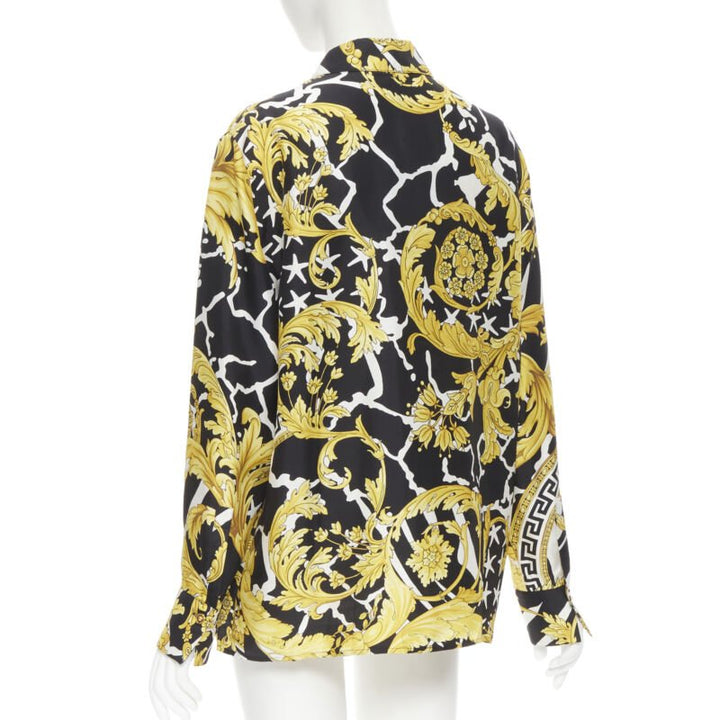 VERSACE Runway Savage Barocco black gold Greca baroque silk shirt IT44 L