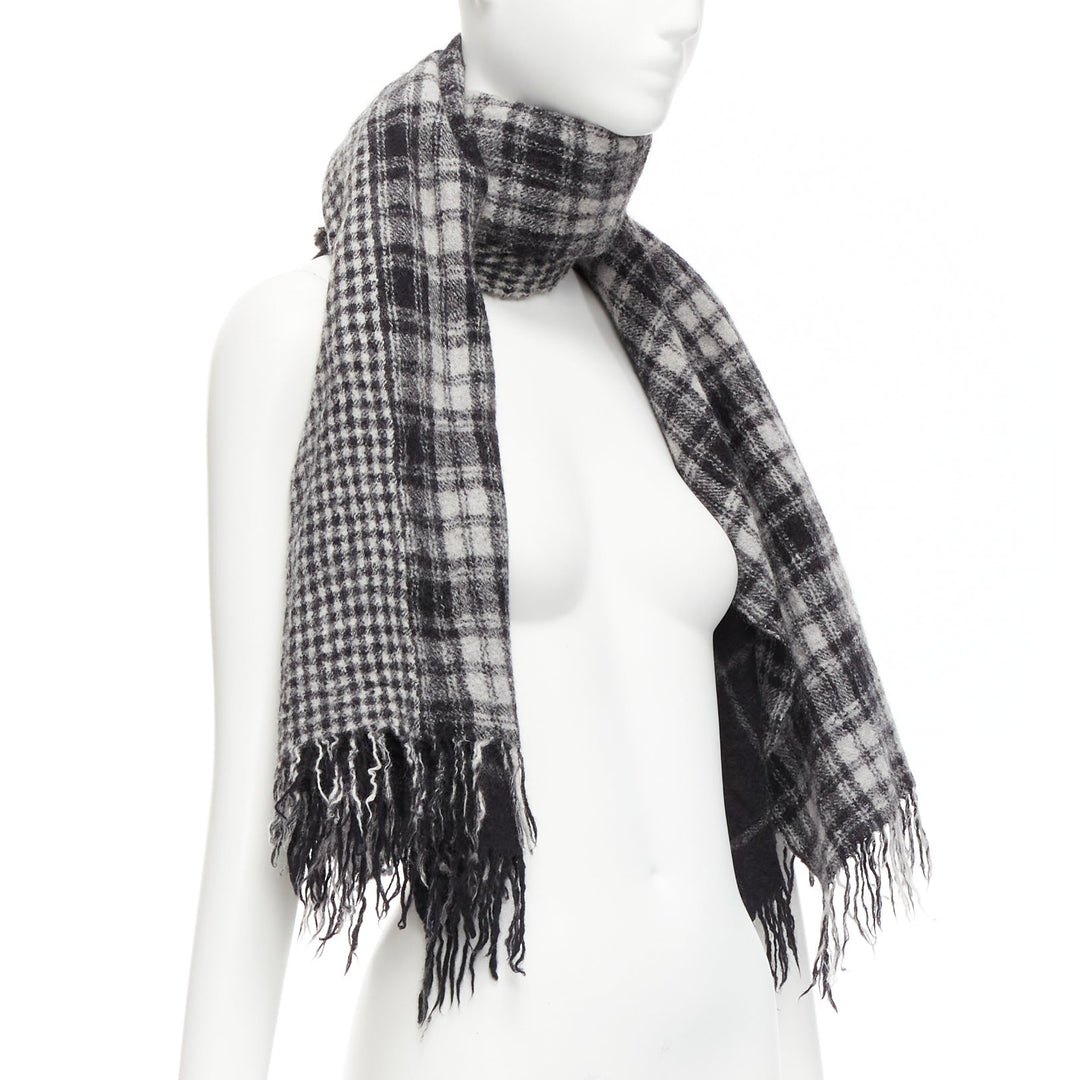 Y'S YOHJI YAMAMOTO grey 100% wool checkered black Y safety pin fringe scarf