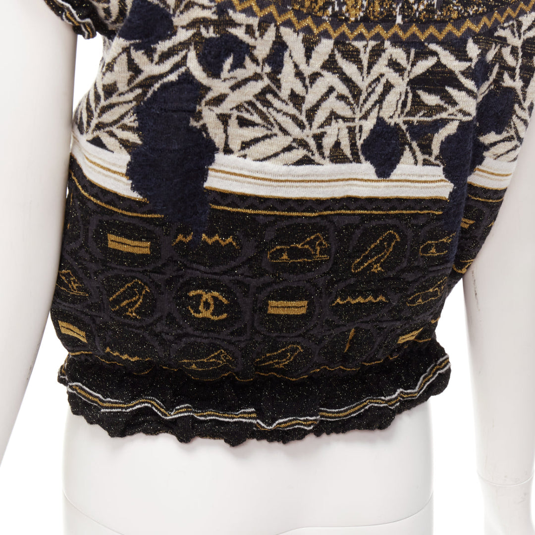 CHANEL 2019 Runway gold Egyptian Hieroglyphics CC cap sleeve sweater FR36 S