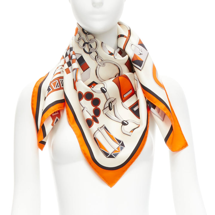 HERMES 100% silk orange border H buckle horsebit chain scarf