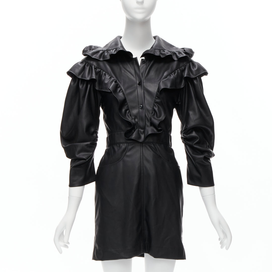 PHILOSOPHY DI LORENZO SERAFINI black faux leather Victorian ruffle dress IT38 XS