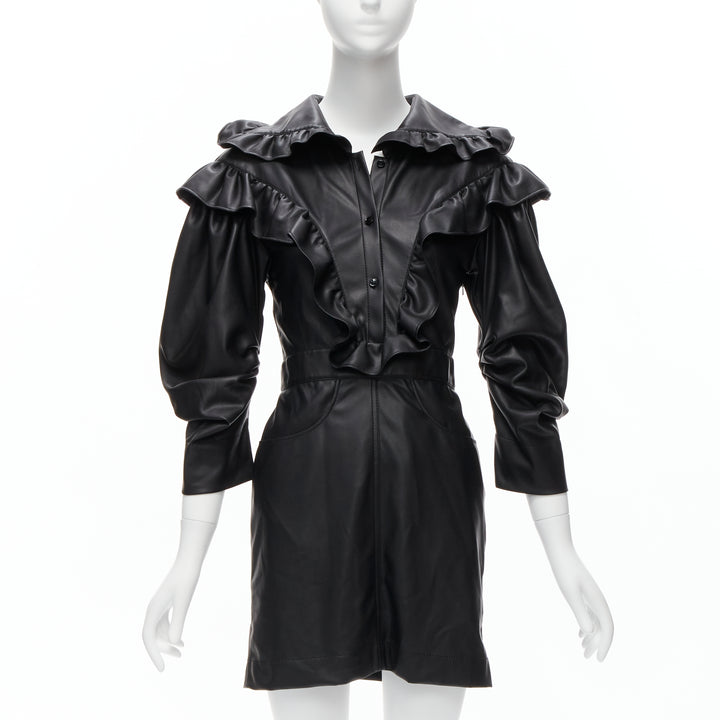 PHILOSOPHY DI LORENZO SERAFINI black faux leather Victorian ruffle dress IT38 XS