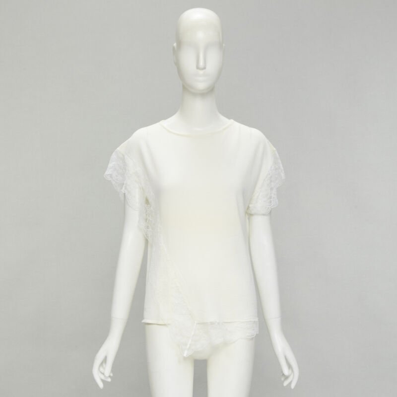 LANVIN cream white wool blend lace trim knitted pullover top M