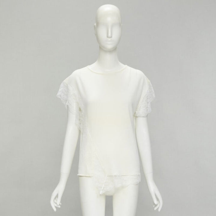 LANVIN cream white wool blend lace trim knitted pullover top M