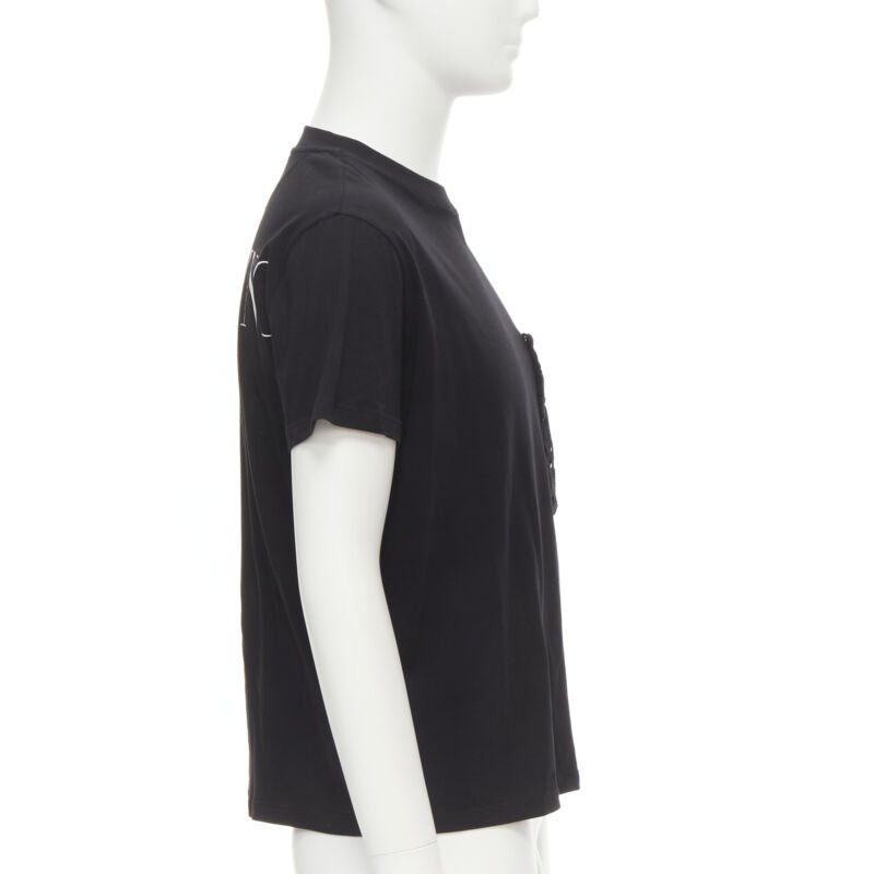 VALENTINO floral lace breast pocket white logo black cotton tshirt S