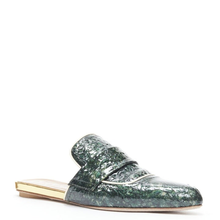 MARNI green crinkled patent point toe slip on mule flats loafer EU37.5