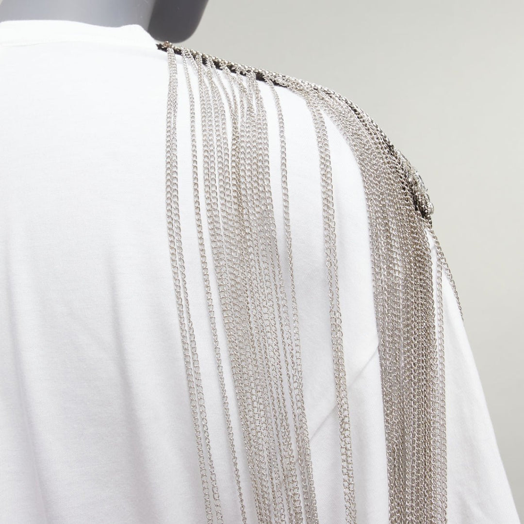 CHRISTOPHER KANE white military silver chain embellished shoulder tshirt XS