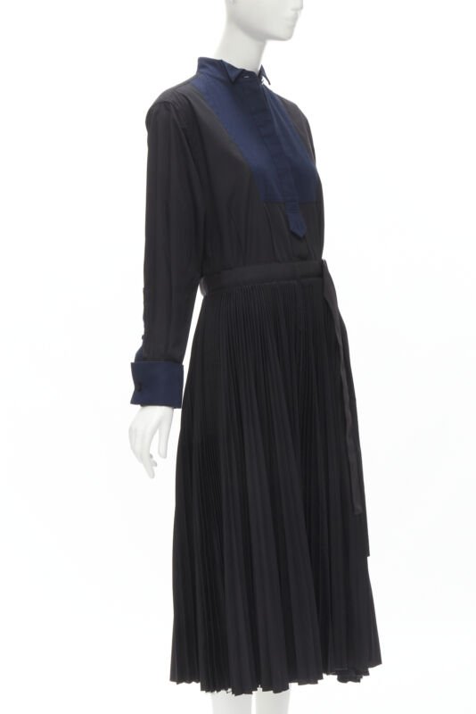 SACAI navy tuxedo bib collar black cotton pleated skirt belted midi dress JP2 M