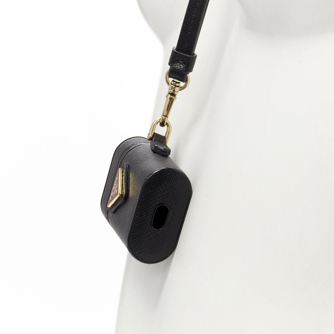 PRADA Symbole Triangle logo saffiano leather Ear Pod lanyard bag black red