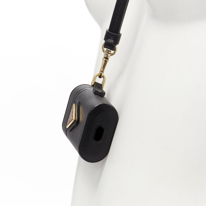 PRADA Symbole Triangle logo saffiano leather Ear Pod lanyard bag black red