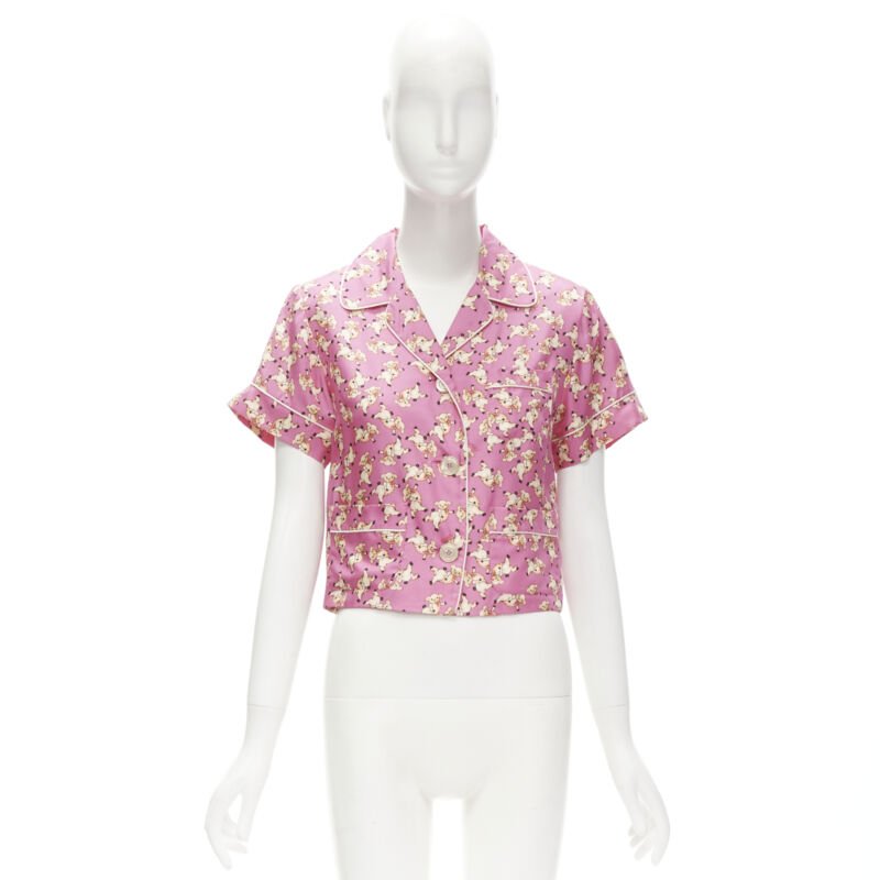 GUCCI CNY 2019 100% silk pink piggy print cropped pajama shirt IT36 XS rare