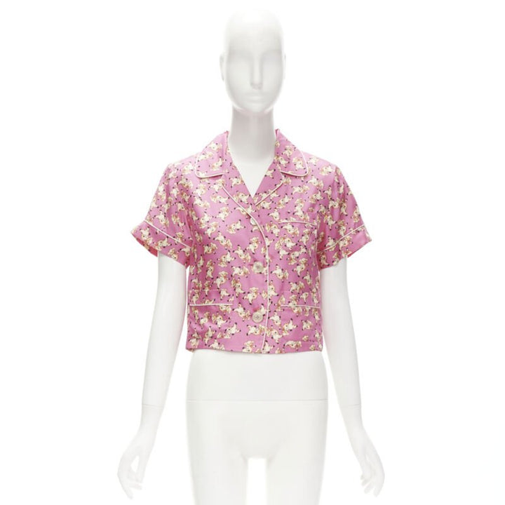 GUCCI CNY 2019 100% silk pink piggy print cropped pajama shirt IT36 XS rare