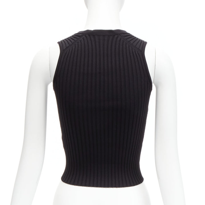 CHANEL 01A gold CC logo charm  black ribbed V neck cropped vest top FR38 M