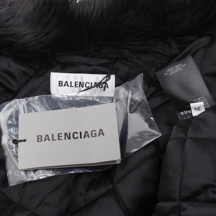 runway BALENCIAGA Demna Runway black faux fur Swing off shoulder coat FR34 XS