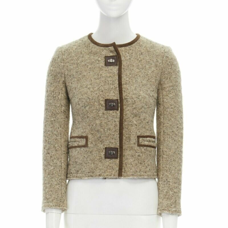 ISABEL MARANT Kios brown virgin wool boucle suede trimmed twist lock jacket FR36