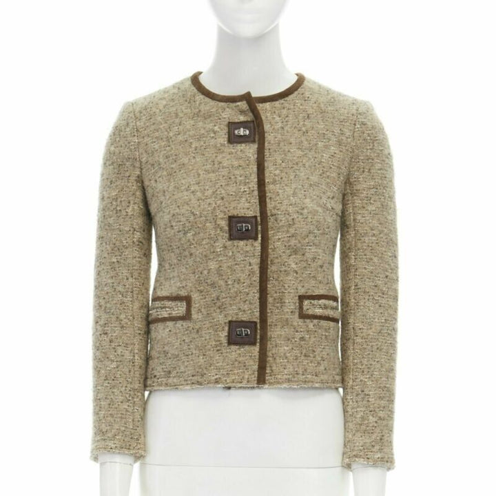 ISABEL MARANT Kios brown virgin wool boucle suede trimmed twist lock jacket FR36