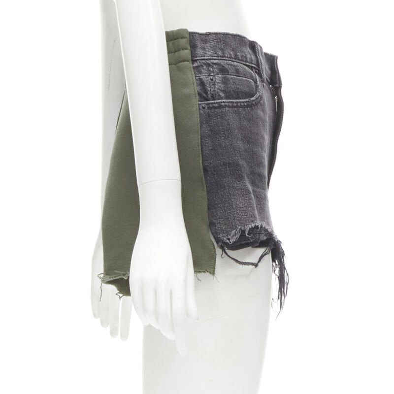 ALEXANDER WANG Bite Clash High Rise black denim green sweats cut off shorts 24"