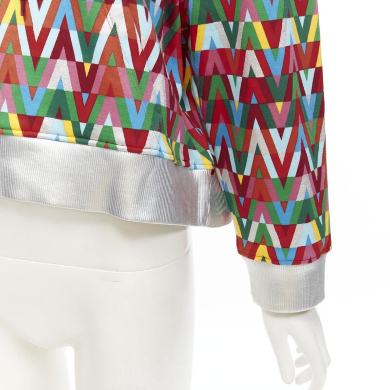 VALENTINO V Optical graphic logo silver foil oversized cropped cotton hoodie S