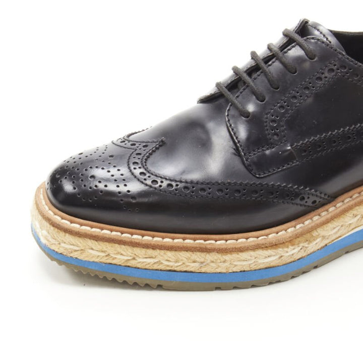 PRADA black perforated leather jute espadrille platform brogue EU36.5
