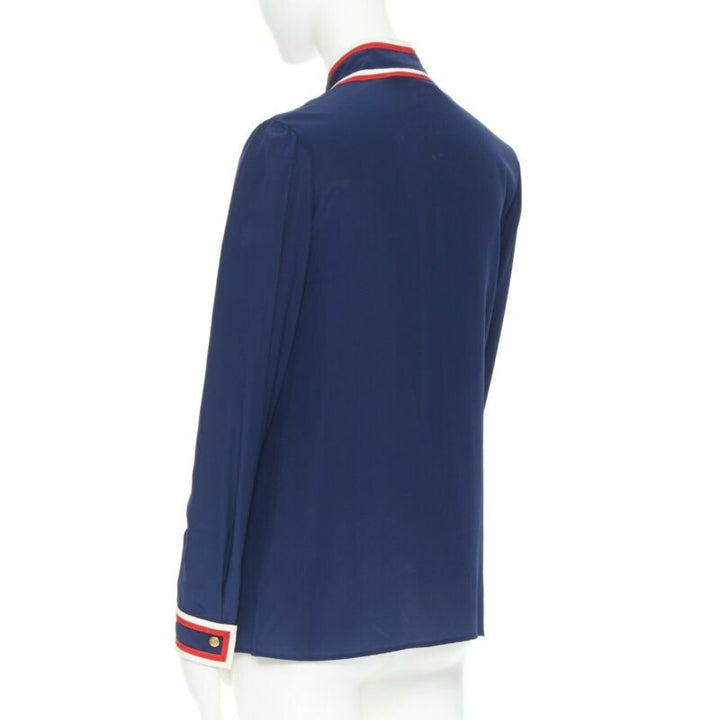 GUCCI navy tricolour ladybird ladybug embellish brooch badge silk shirt IT36 XXS