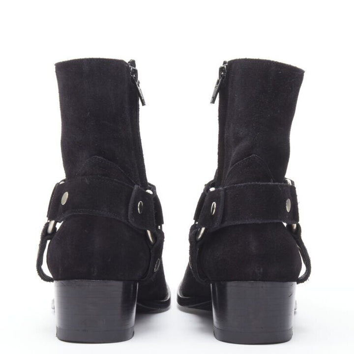 SAINT LAURENT Wyatt 40 black suede silver chain harness ankle boot EU36.5