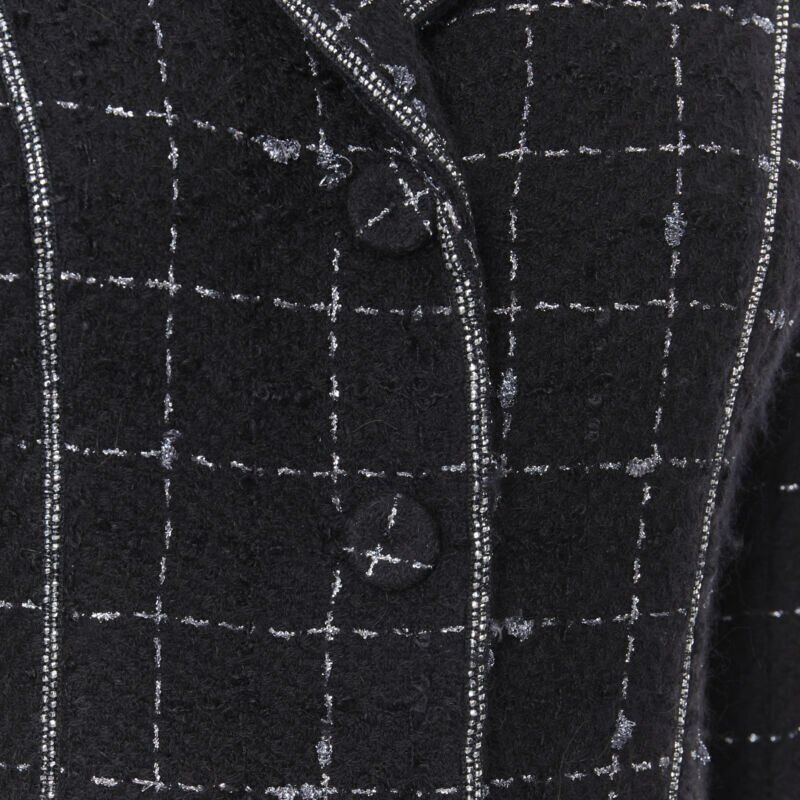 LUISA BECCARIA black silver check glitter tweed embellished long coat IT40 S