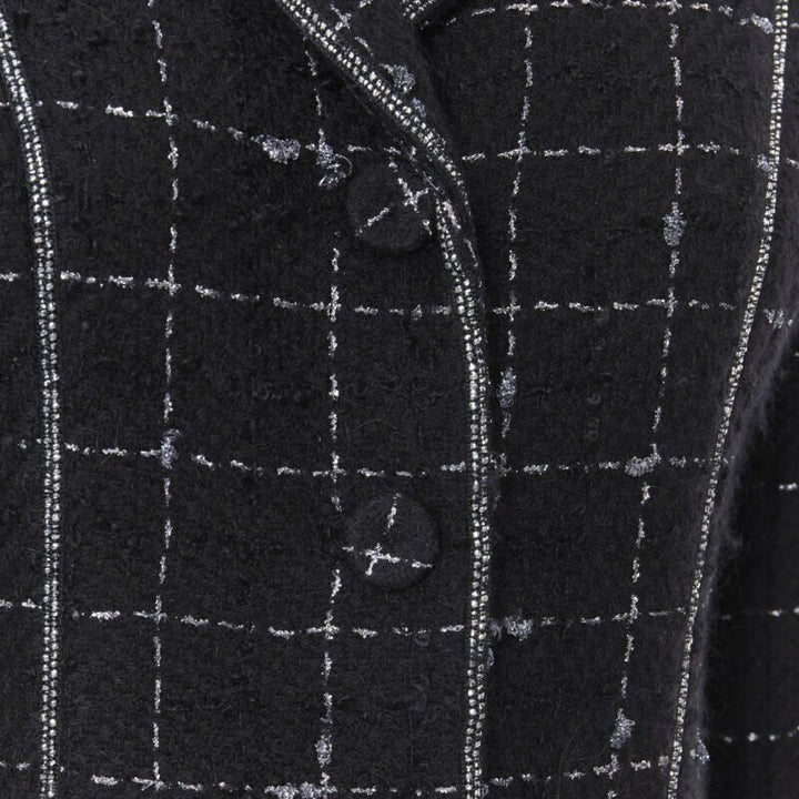 LUISA BECCARIA black silver check glitter tweed embellished long coat IT40 S