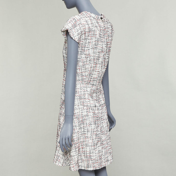 CHANEL 2015 cream red black cotton lattice tweed cap sleeve dress FR34 XS