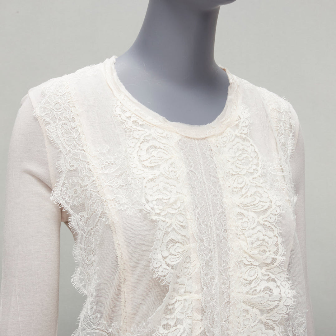 LANVIN off white lace overlay asymmetric cropped 3/4 sleeve top FR32 XXS