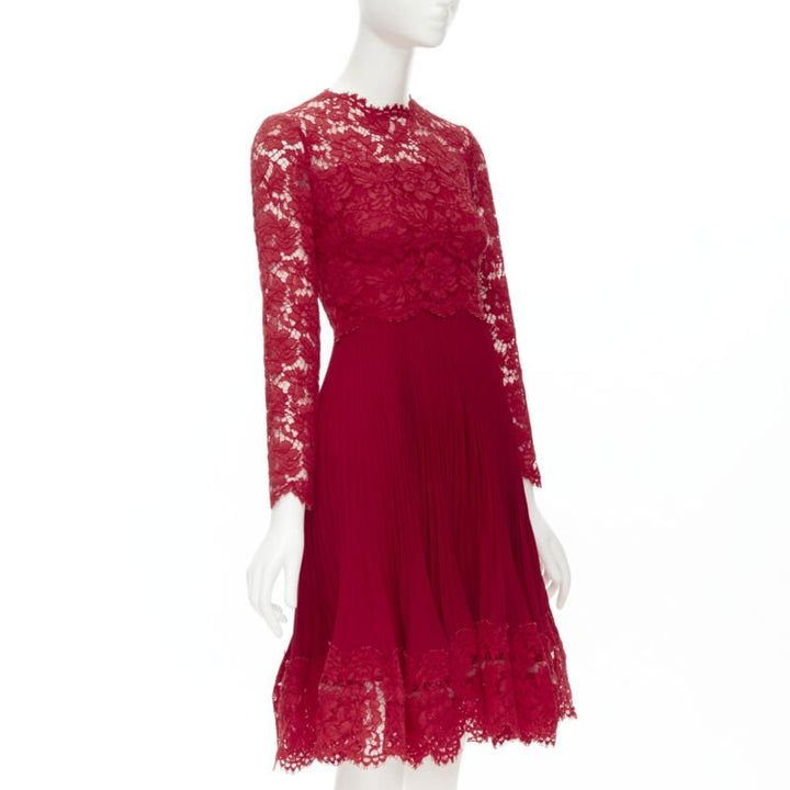 VALENTINO red floral lace knife pleat skirt cocktail dress IT38 XS