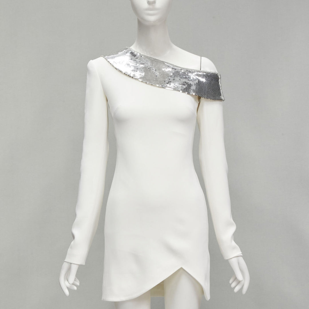 DAVID KOMA 2019 Runway silver sequins off shoulder scalloped hem dress UK6 XS