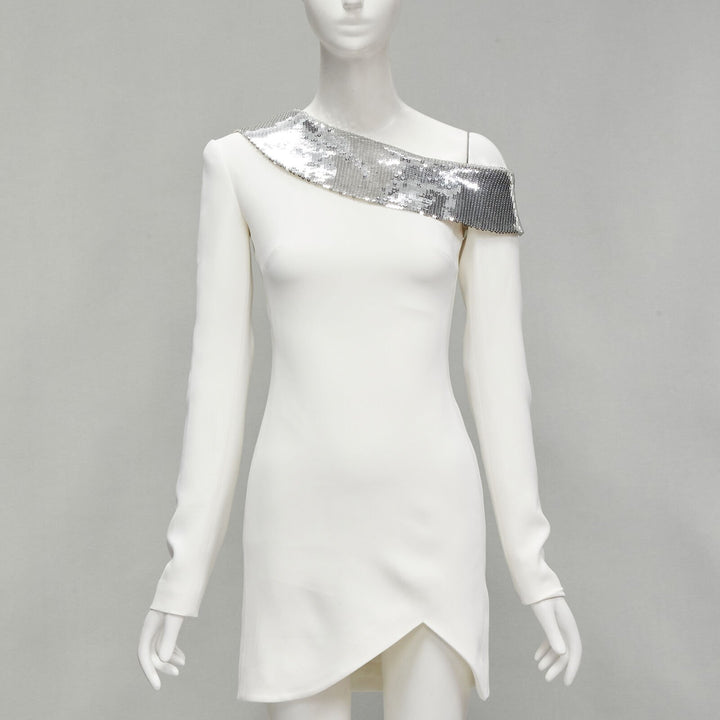 DAVID KOMA 2019 Runway silver sequins off shoulder scalloped hem dress UK6 XS