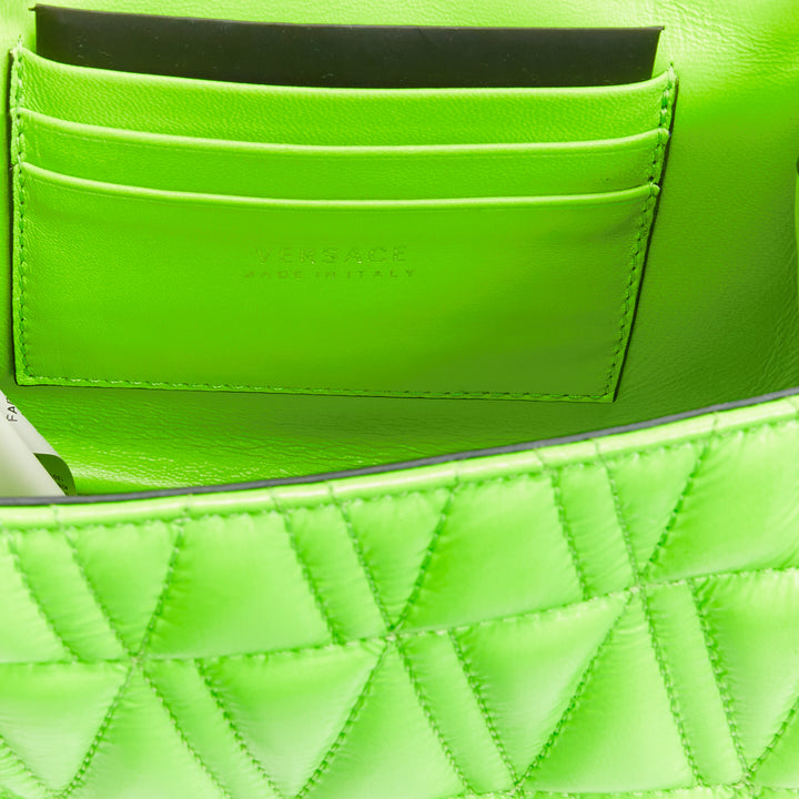 VERSACE Virtus bright green V quilted patent leather crossbody flap bag