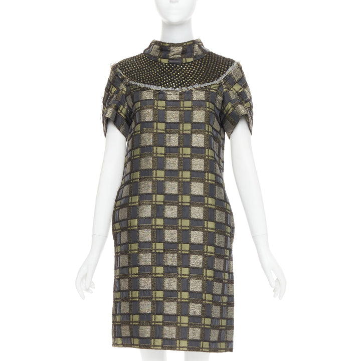 MARNI bronze grey embellished collar checked brocade dress IT36 XXS