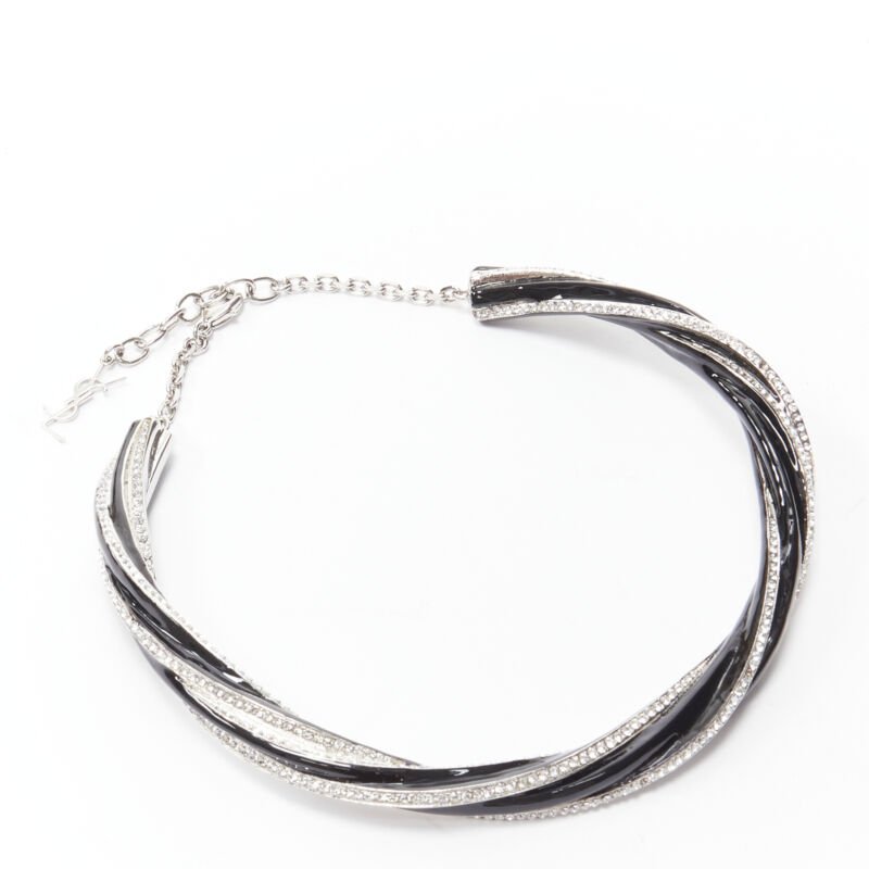rare SAINT LAURENT Hedi Slimane crystal black twist YSL charm choker necklace