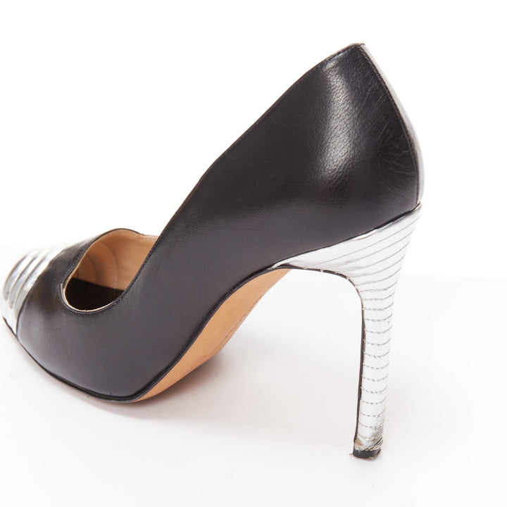 MANOLO BLAHNIK black leather silver quilted blunt peep toe pumps EU37