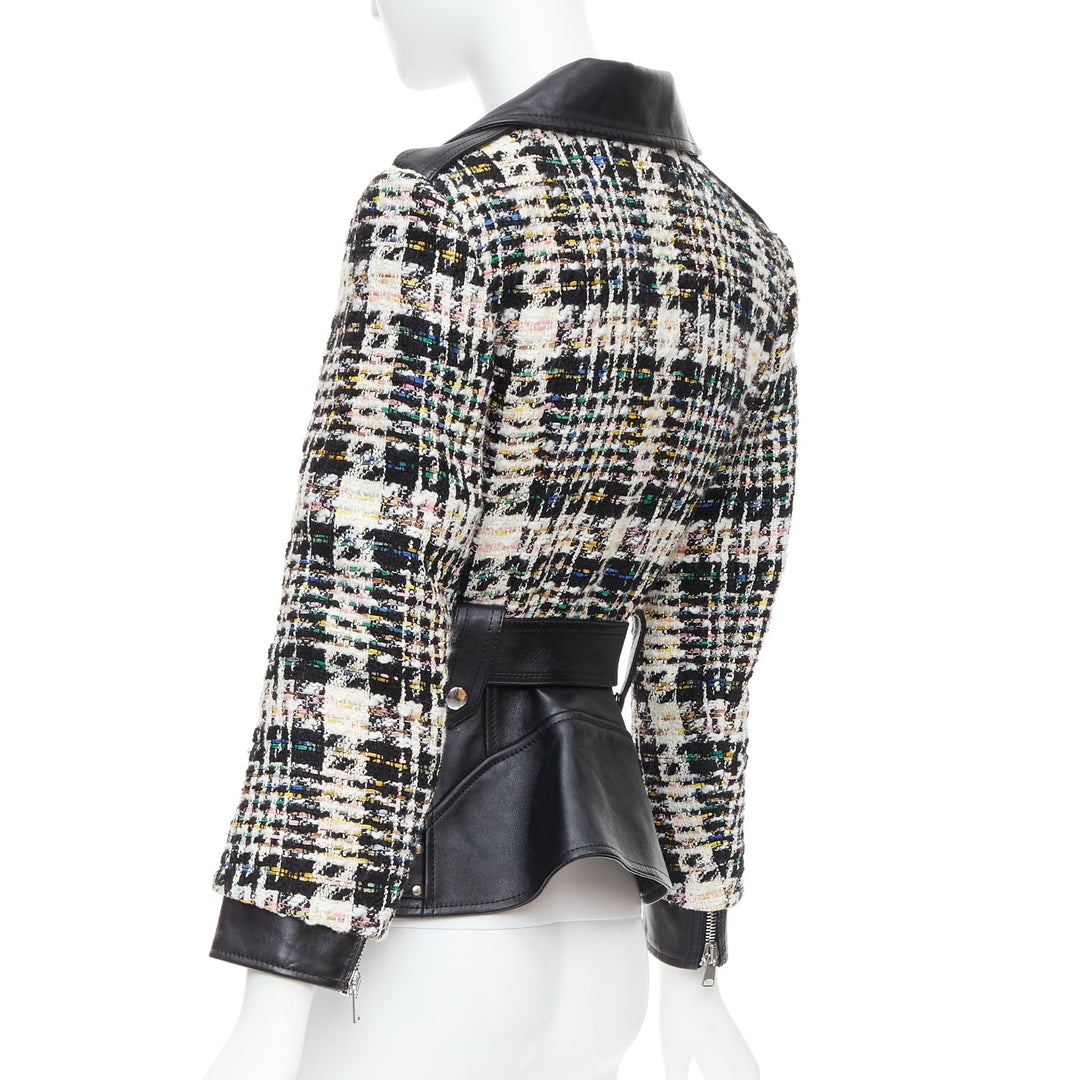 ALEXANDER MCQUEEN 2023 Hybrid punk black leather tweed biker jacket IT36 XXS