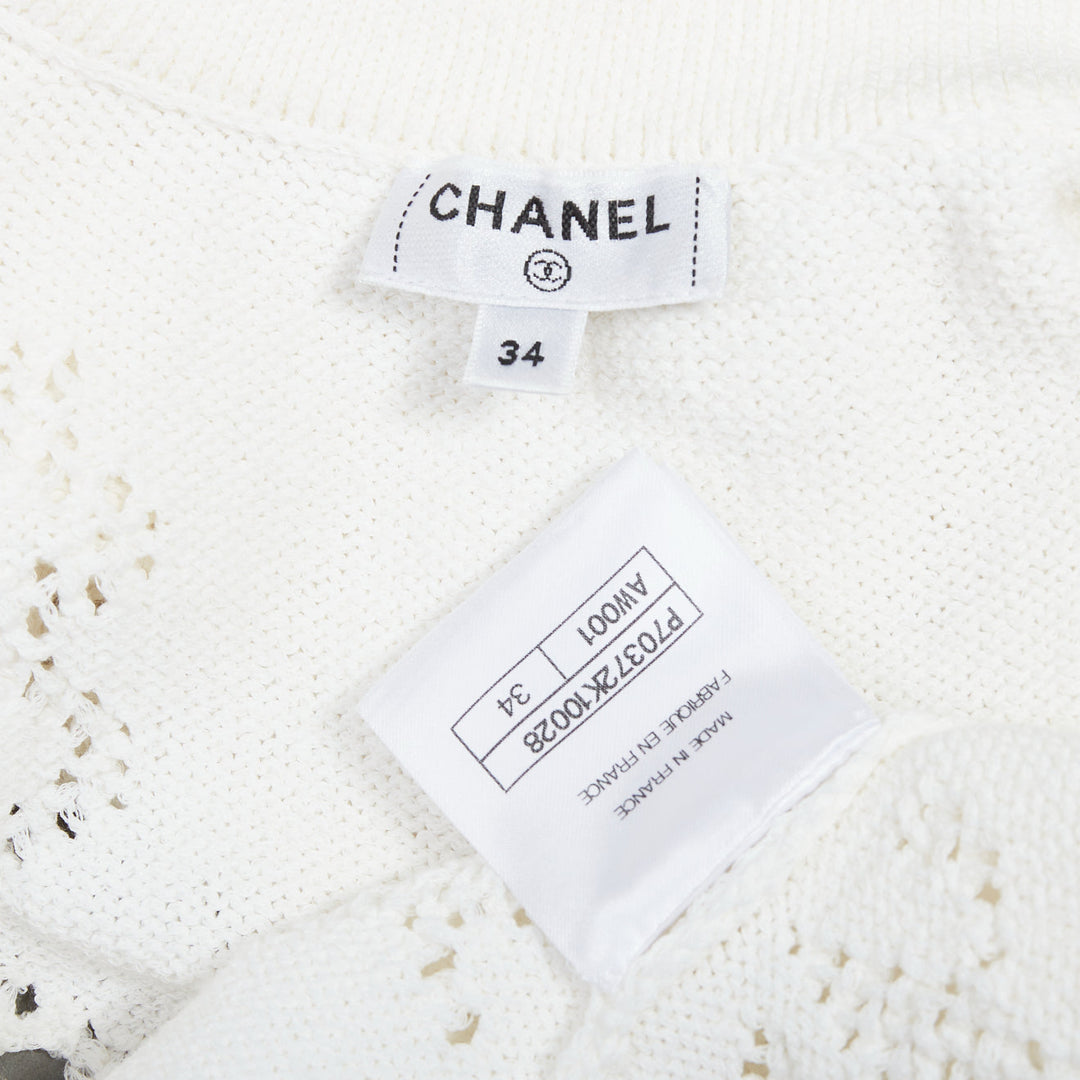 CHANEL 2021 white cotton gold CC button crochet knit cropped cardigan FR34 XS